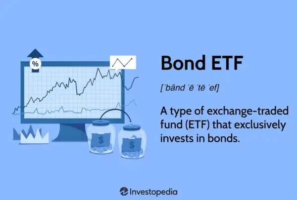 Illustration defining Bond ETF, showing a graph on a monitor and jars of coins, representing investments in bonds.
