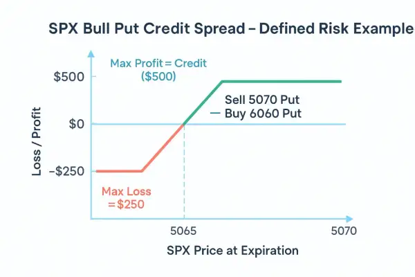 SPX Bull Put Credit Spread graph showing max profit of $500 and max loss of $250, achieved by selling a 5070 Put and buying a 6060 Put.